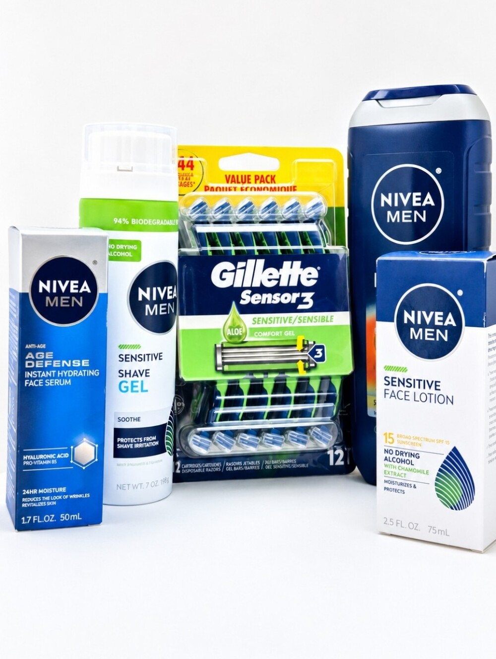 Nivea Men Set Gillette Razors, Serum, Facial SPF Moisturizer & Body Wash